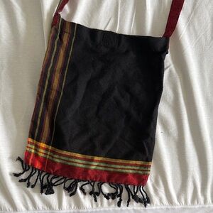 Black Woven Crossbody Bag with Red & Green Stripe Trim